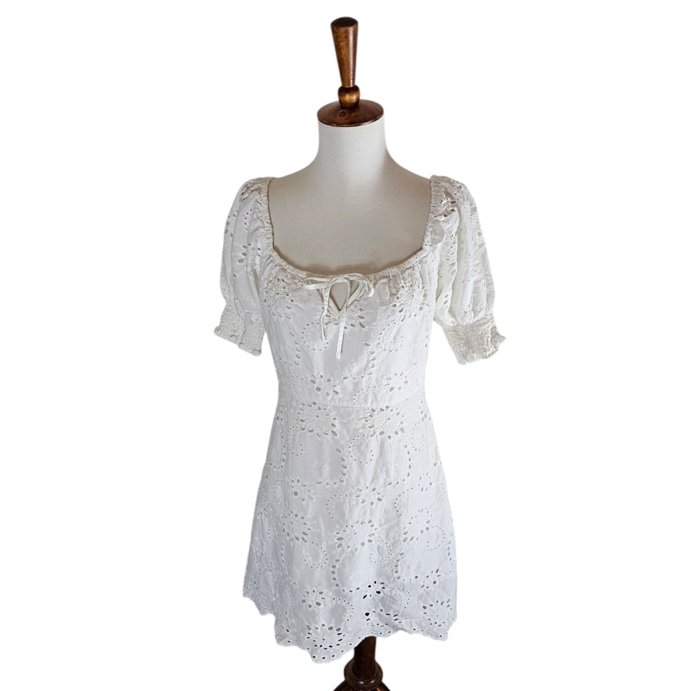 7 For All Mankind White Eyelet Boho‎ Cottagecore Puff Sleeve Mini Dress S - Picture 2 of 9